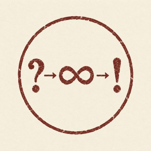 The Promptology logo: a question mark, an arrow, an infinity sign, an arrow, an exclamation mark, stamped inside a red circle